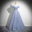 Bling Bling Sky Blue Glitter Beading Pearl Prom Dresses 2024 Ball Gown Off-The-Shoulder Short Sleeve Backless Floor-Length / Long Prom Formal Dresses