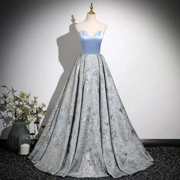 Elegant Sky Blue Printing Prom Dresses 2025 A-Line / Princess Off-The-Shoulder Sleeveless Backless Floor-Length / Long Prom Formal Dresses