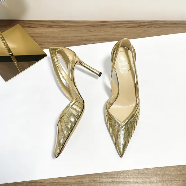 Schöne Gold Leder Abend Sandalen Damen 2024 8 cm Stilettos Spitzschuh Sandaletten Hochhackige
