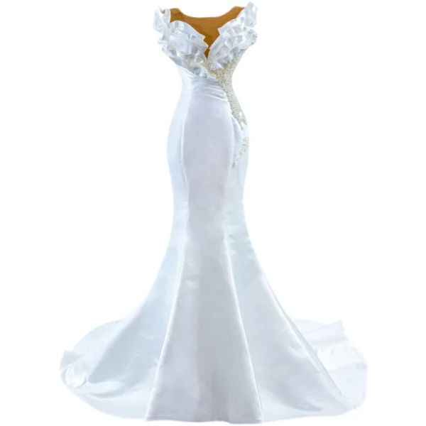 High-end White Beading Pearl Satin Wedding Dresses 2022 Trumpet / Mermaid Ruffle Scoop Neck Sleeveless Floor-Length / Long Wedding