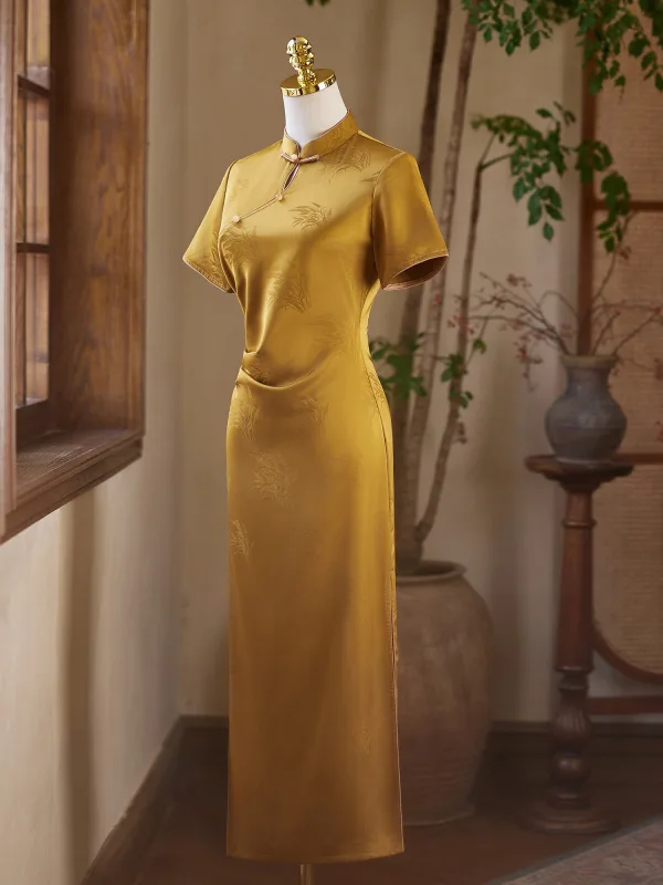 Vintage / Retro Yellow Evening Party Cheongsam 2025 Trumpet / Mermaid High Neck Short Sleeve Floor-Length / Long Cheongsam / Qipao