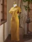 Vintage / Retro Yellow Evening Party Cheongsam 2025 Trumpet / Mermaid High Neck Short Sleeve Floor-Length / Long Cheongsam / Qipao
