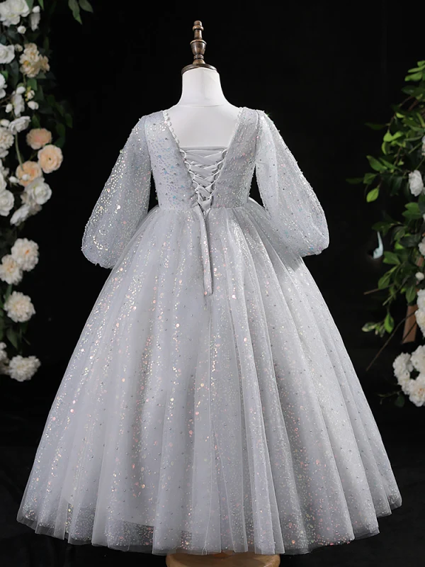 Charming Grey Beading Pearl Sequins Birthday Flower Girl Dresses 2024 Ball Gown Scoop Neck 3/4 Sleeve Backless Floor-Length / Long