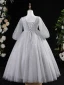 Charming Grey Beading Pearl Sequins Birthday Flower Girl Dresses 2024 Ball Gown Scoop Neck 3/4 Sleeve Backless Floor-Length / Long
