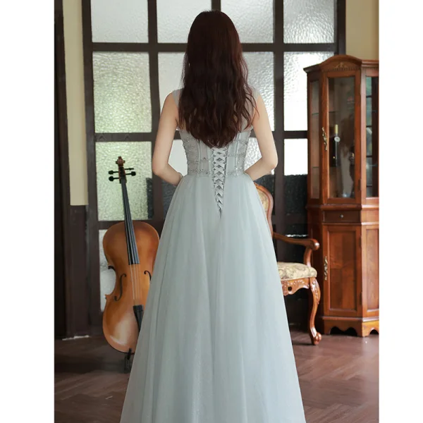 Charming Silver Grey Evening Dresses 2023 A-Line / Princess Off-The-Shoulder Beading Sleeveless Backless Floor-Length / Long Evening Party Formal Dresses