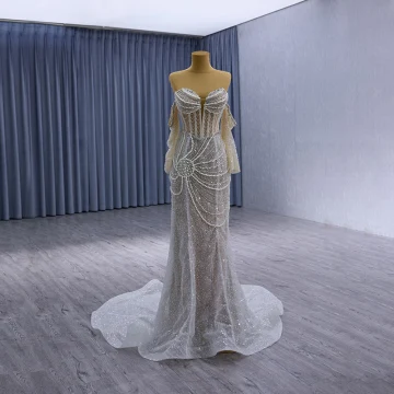 Haut De Gamme Charmant Blanche Fait Main Perlage Perle Faux Diamant Paillettes Robe De Bal 2024 Trompette Sirène Bustier Manches Courtes Dos Nu Train De Balayage Plage