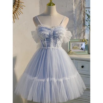 Chic Belle Bleu Ciel Volants Perle En Dentelle Fleur Anniversaire Robe De Fête 2022 Princesse Bretelles Spaghetti Sans Manches Dos Nu Noeud Longue Cocktail Robe De Ceremonie