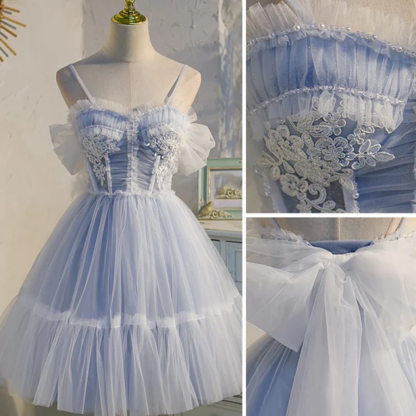 Chic / Belle Bleu Ciel Volants Perle En Dentelle Fleur Anniversaire Robe De Fête 2022 Princesse Bretelles Spaghetti Sans Manches Dos Nu Noeud Longue Cocktail Robe De Ceremonie