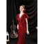 Charming Burgundy Beading Lace Flower Satin Evening Dresses 2022 Trumpet / Mermaid V-Neck Short Sleeve Backless Floor-Length / Long Prom Formal Dresses
