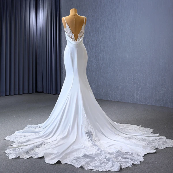 High End Weiß Satin Spitze Blumen Brautkleider / Hochzeitskleider 2023 Meerjungfrau Spaghettiträger Ärmellos Rückenfreies Kapelle-Schleppe Hochzeit