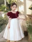 Elegant Burgundy Pearl Satin Prom Flower Girl Dresses 2022 A-Line / Princess Square Neckline Short Sleeve Bow Sash Floor-Length / Long Flower Girl Dresses