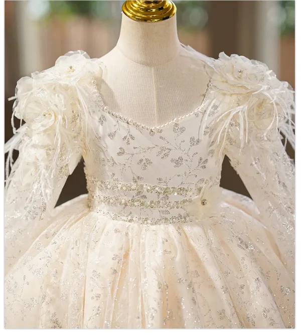 Élégant Ivoire Perle Paillettes Gland Anniversaire Robe Ceremonie Fille 2025 Robe Boule Encolure Carrée Manches Longues Dos Nu Train De Balayage