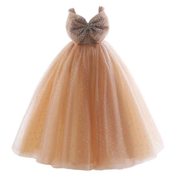 Chic / Belle Champagne Perlage Faux Diamant Paillettes Robe Ceremonie Fille 2024 Robe Boule Anniversaire Encolure Carrée Noeud Sans Manches Dos Nu Longue