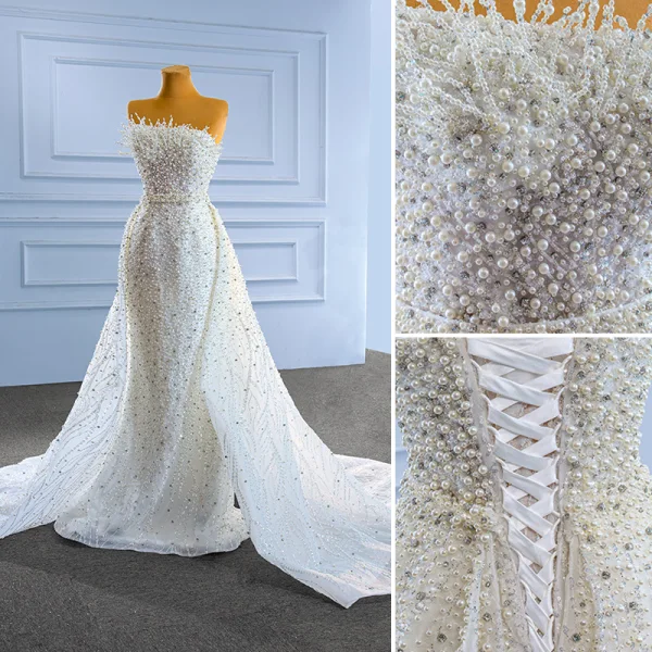 High End Weiß Perlenstickerei Perle Strass Brautkleider / Hochzeitskleider 2022 Meerjungfrau Bandeau Ärmellos Rückenfreies Hof-Schleppe Hochzeit