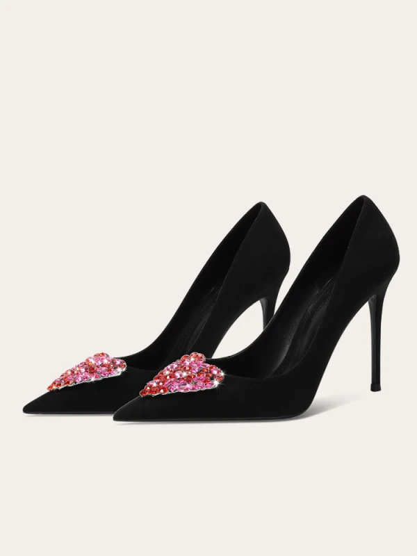 Mode Noire Forme de coeur Faux Diamant Promo Escarpins 2024 Cuir 10 cm Talons Aiguilles À Bout Pointu Escarpins