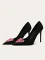 Mode Noire Forme de coeur Faux Diamant Promo Escarpins 2024 Cuir 10 cm Talons Aiguilles À Bout Pointu Escarpins