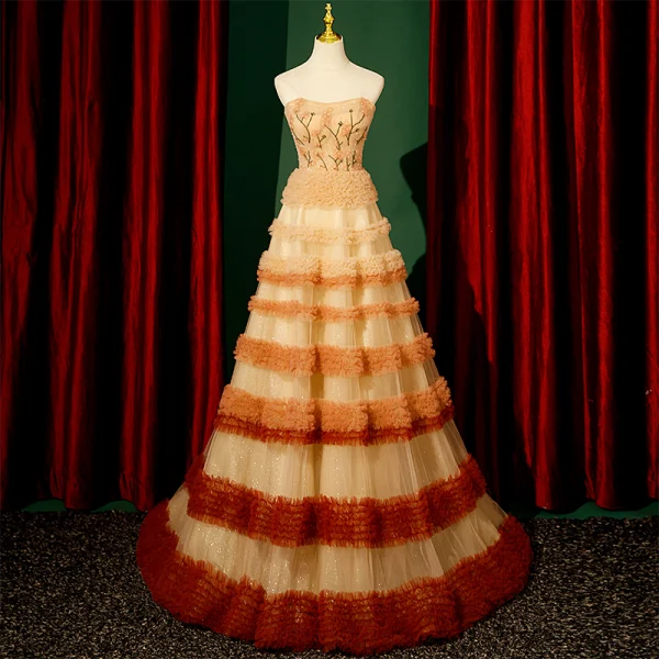 Haut de Gamme Champagne Plissée Robe De Soirée 2023 Princesse Encolure Carrée Manches Courtes Dos Nu Longue Promo Robe De Ceremonie