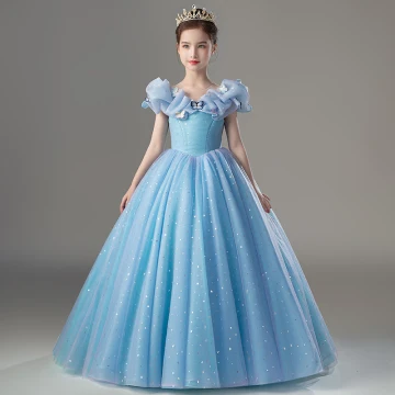 Cinderella Sky Blue Birthday Flower Girl Dresses Ball Gown 2022 Scoop Neck Lace Butterfly Sequins Star Short Sleeve Floor Length Long Flower Girl Dresses