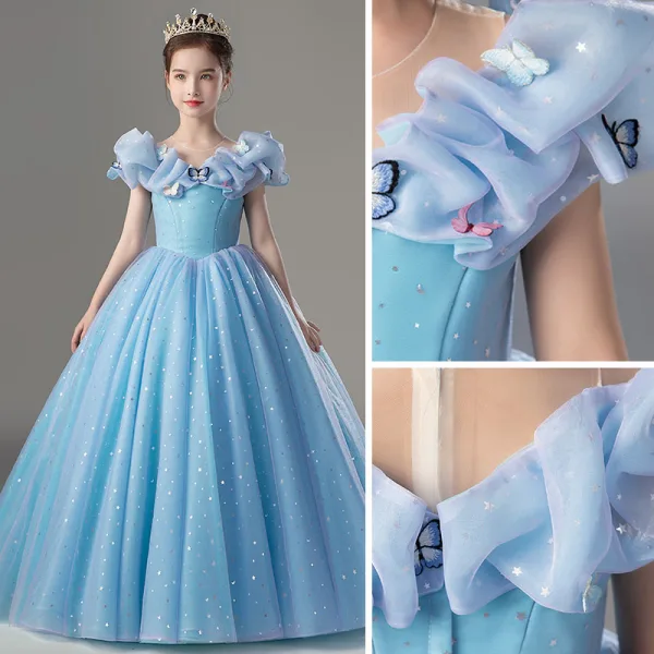 Cinderella Sky Blue Birthday Flower Girl Dresses Ball Gown 2022 Scoop Neck Lace Butterfly Sequins Star Short Sleeve Floor-Length / Long Flower Girl Dresses