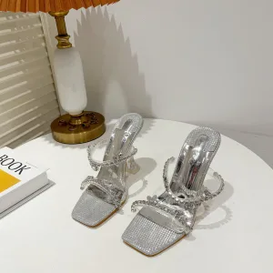 Błyszczące Uroczy Srebrny Lato Rhinestone Sandały Damskie 2022 Wieczorowe 11 Cm Szpilki Peep Toe Sandały Wysokie Obcasy