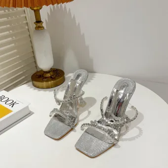Sparkly Charming Silver Summer Rhinestone Womens Sandals 2022 Evening Party 11 Cm Stiletto Heels Open Peep Toe Sandals High Heels