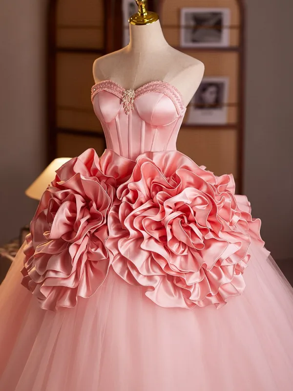 Lovely Candy Pink Beading Pearl Ruffle Flower Prom Dresses 2025 Ball Gown Strapless Sleeveless Backless Floor-Length / Long Prom Formal Dresses