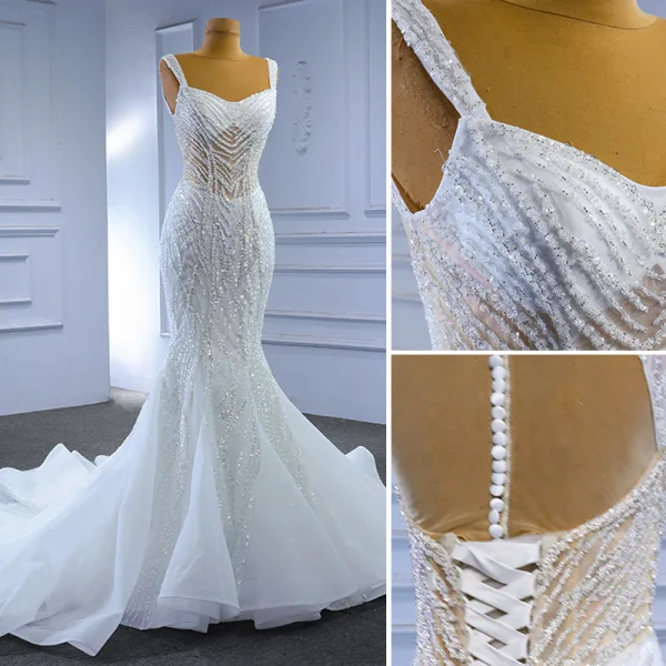 Glitzernden High End Perlenstickerei Strass Pailletten Weiß Brautkleider / Hochzeitskleider 2023 Meerjungfrau Eckiger Ausschnitt Ärmellos Rückenfreies Kapelle-Schleppe Hochzeit