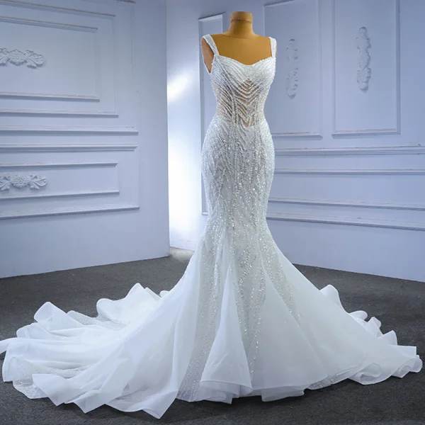 Glitzernden High End Perlenstickerei Strass Pailletten Weiß Brautkleider / Hochzeitskleider 2023 Meerjungfrau Eckiger Ausschnitt Ärmellos Rückenfreies Kapelle-Schleppe Hochzeit