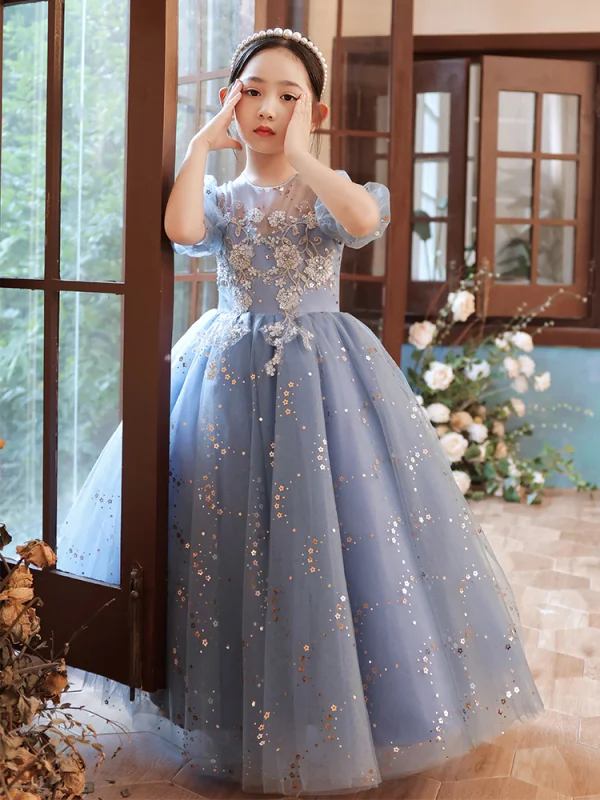 Chic / Beautiful Sky Blue Beading Sequins Lace Flower Prom Flower Girl Dresses 2022 A-Line / Princess Scoop Neck Short Sleeve Floor-Length / Long Flower Girl Dresses