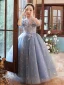 Chic / Beautiful Sky Blue Beading Sequins Lace Flower Prom Flower Girl Dresses 2022 A-Line / Princess Scoop Neck Short Sleeve Floor-Length / Long Flower Girl Dresses