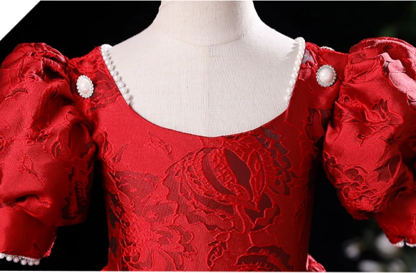 Chic / Belle Rouge Impression Anniversaire Robe Ceremonie Fille 2024 Princesse Encolure Dégagée Gonflée Perle Manches Courtes Longue
