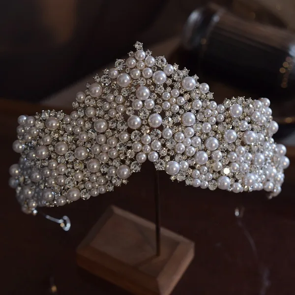 Vintage / Retro White Pearl Rhinestone Earrings Crown Wedding Bridal Hair Accessories 2025 Alloy