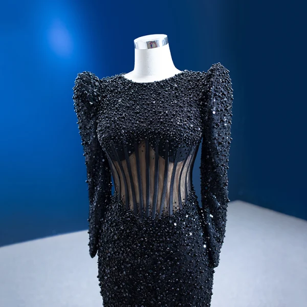 Haut de Gamme Noire Fait main Perle Paillettes Robe De Soirée 2023 Trompette / Sirène Encolure Dégagée Manches Longues Dos Nu Train De Balayage Soirée Robe De Ceremonie