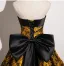 Vintage / Retro Black Gold Printing Prom Dresses 2025 Ball Gown Strapless Sleeveless Backless Bow Sweep Train Prom Formal Dresses