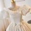 Elegant White Appliques Satin Wedding Dresses 2023 Ball Gown Scoop Neck Puffy Short Sleeve Backless Sweep Train Wedding