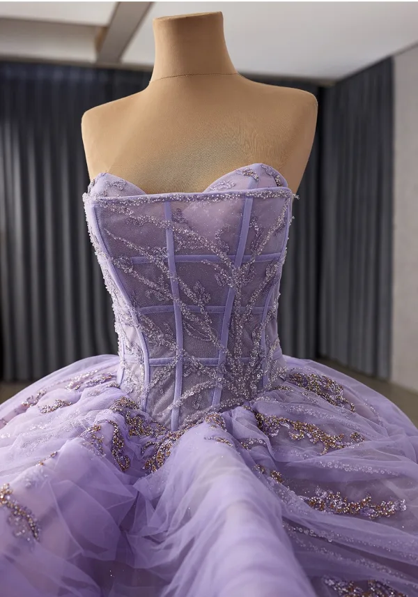 Luxury / Gorgeous Purple Handmade  Beading Sequins Cascading Ruffles Prom Dresses 2025 Ball Gown Strapless Sleeveless Backless Chapel Train Prom Formal Dresses