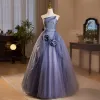 Chic / Beautiful Ocean Blue Appliques Prom Dresses 2024 A-Line / Princess Strapless Sleeveless Backless Floor-Length / Long Prom Formal Dresses
