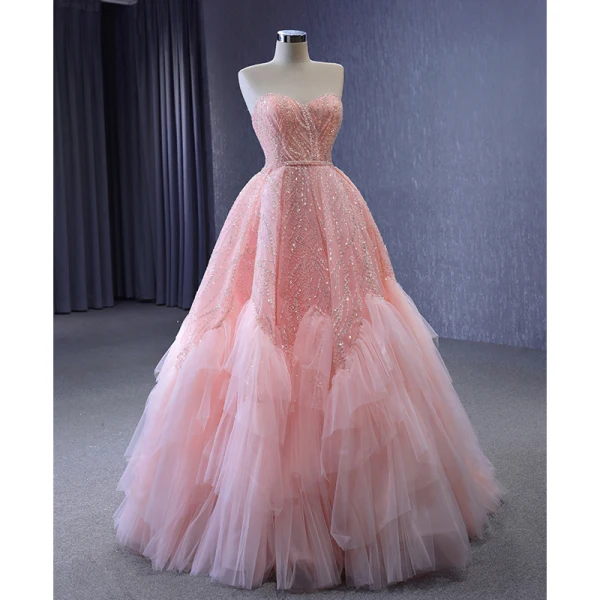 High End Pink Perlenstickerei Pailletten Rüschen Ballkleider 2023 A Linie Bandeau Ärmellos Rückenfreies Lange Ball Festliche Kleider