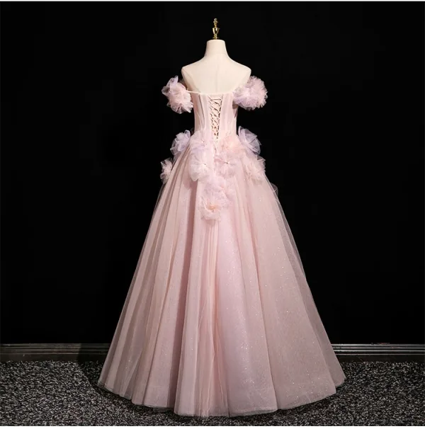 Chic / Beautiful Blushing Pink Appliques Pearl Prom Dresses 2025 A-Line / Princess Off-The-Shoulder Short Sleeve Backless Floor-Length / Long Prom Formal Dresses
