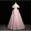 Chic / Beautiful Blushing Pink Appliques Pearl Prom Dresses 2025 A-Line / Princess Off-The-Shoulder Short Sleeve Backless Floor-Length / Long Prom Formal Dresses
