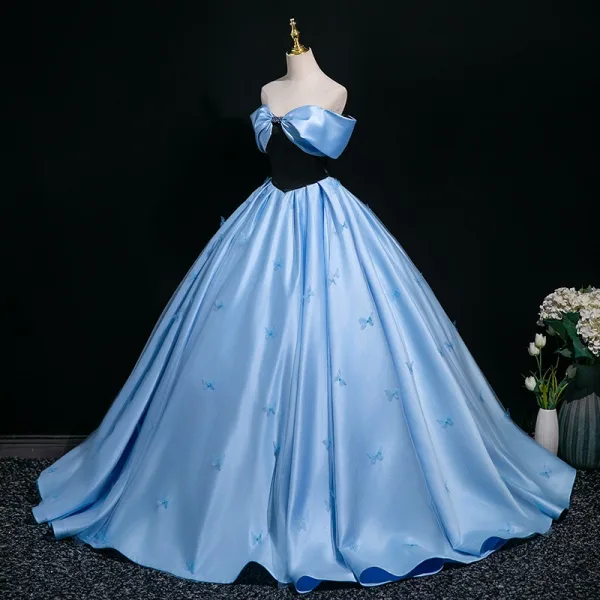 Elegant Pool Blue Prom Dresses 2025 Ball Gown Strapless Sleeveless Backless Floor-Length / Long Prom Formal Dresses