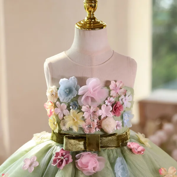 Flower Fairy Sage Green Appliques Short Birthday Flower Girl Dresses 2025 Ball Gown Scoop Neck Sleeveless Backless Bow Sash Tulle