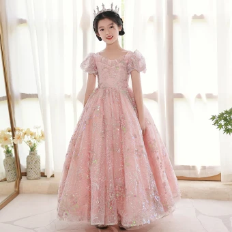 Chic Belle Rougissant Rose Anniversaire En Dentelle Paillettes Robe Ceremonie Fille 2022 Princesse Encolure Carrée Gonflée Manches Courtes Dos Nu Longue Robe Ceremonie Fille