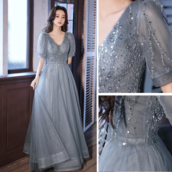 Elegant Sky Blue Beading Sequins Prom Dresses 2022 A-Line / Princess V-Neck Short Sleeve Backless Floor-Length / Long Prom Formal Dresses