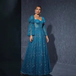 Vintage Retro Pool Blue Lace Flower Prom Dresses 2025 Bell Sleeves A Line Princess Square Neckline Backless Floor Length Long Prom Formal Dresses