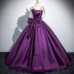 Vintage Purple Blonder Blomst Sløyfe Satin Ballkjoler 2025 Ballkjole Scoop Halsen Korte Ermer Ryggløse Lange Ball Formelle Kjoler