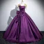 Vintage / Retro Purple Lace Flower Bow Satin Prom Dresses 2025 Ball Gown Scoop Neck Short Sleeve Backless Floor-Length / Long Prom Formal Dresses