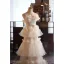 Charming Champagne Appliques Cascading Ruffles Wedding Dresses 2025 A-Line / Princess Strapless Sleeveless Backless Floor-Length / Long