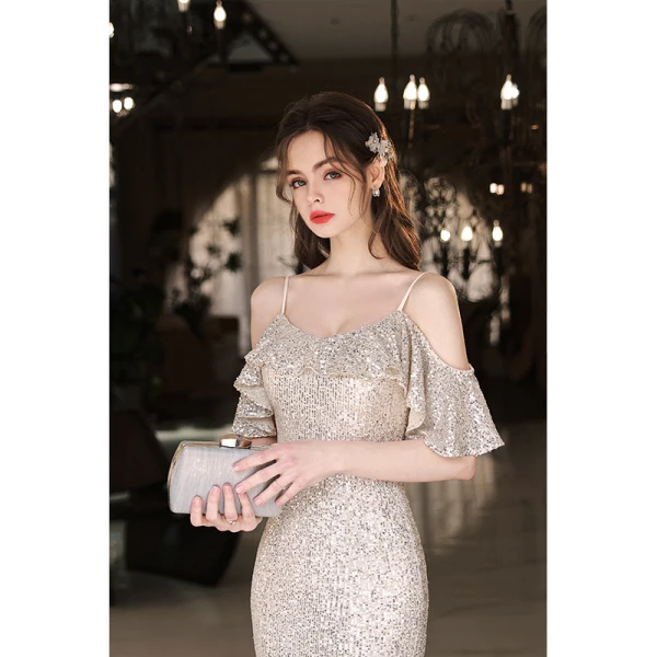 Scintillantes Sexy Champagne Paillettes Robe De Soirée 2022 Trompette / Sirène Bretelles Spaghetti Manches Courtes Dos Nu Longue Soirée Robe De Ceremonie
