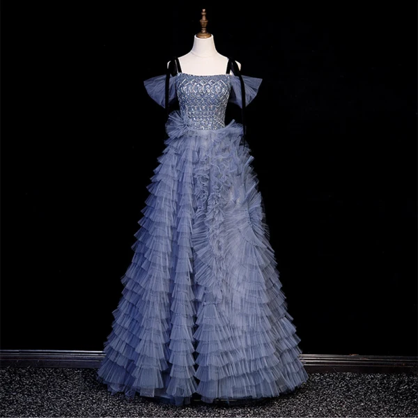 Sexy Ocean Blue Cascading Ruffles Beading Sequins Prom Dresses 2023 A-Line / Princess Off-The-Shoulder Short Sleeve Backless Floor-Length / Long Flower Girl Dresses